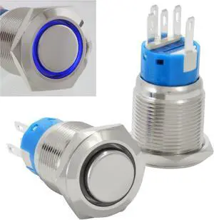 JacobsParts Latching Pushbutton ON/Off Maintained Power Switch Circular Metal Silver with Blue LED fits 3/4" (19mm) Diameter Panel Cutout Hole