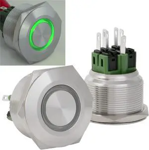 30mm Latching Push Button Power Switch Stainless Steel w/ Green LED Waterproof