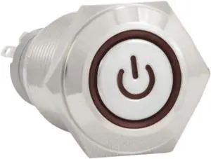 JacobsParts Latching Maintained Pushbutton ON/Off Switch Circular Metal Silver with Red Power Symbol LED Light fits 5/8" (16mm) Diameter Panel Cutout Hole