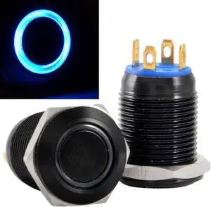 12mm Black Stainless Steel Momentary Push Button Switch Blue LED