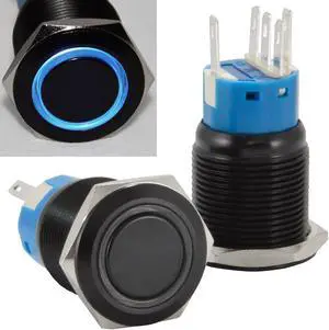 19mm 12V LED Momentary Push Button Black Metal Power Switch, Blue