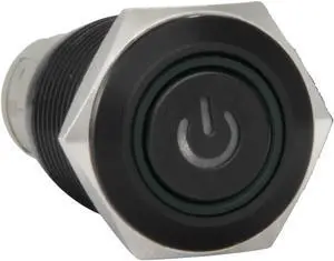16mm 12V Latching Push Button Power Switch Black Metal Green LED Waterproof