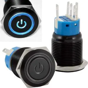 JacobsParts Latching Maintained Pushbutton ON/Off Switch Black Metal with Blue Power Symbol LED Suitable for 3/4" (19mm) Diameter Panel Cutout Hole
