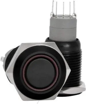 16mm Stainless Steel Latching Push Button Switch (Black with Red LED)