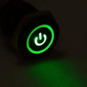 JacobsParts Momentary Pushbutton Starter Switch Circular Metal Black with Green Power Symbol LED fits 5/8" (16mm) Diameter Panel Cutout Hole