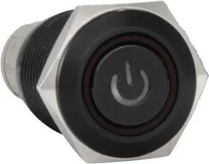JacobsParts Momentary Pushbutton Starter Switch Circular Metal Black with Red Power Symbol LED fits 5/8" (16mm) Diameter Panel Cutout Hole