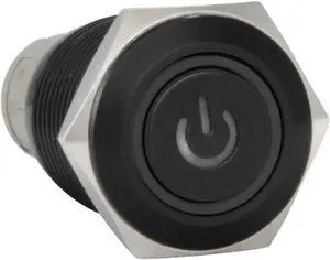 JacobsParts Momentary Pushbutton Starter Switch Circular Metal Black with White Power Symbol LED fits 5/8" (16mm) Diameter Panel Cutout Hole