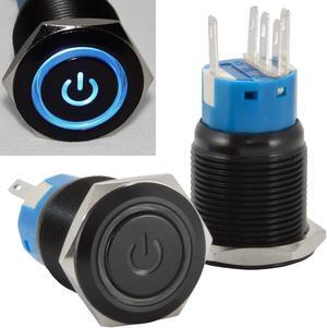 JacobsParts Momentary Pushbutton Starter Switch Circular Metal Black with Blue Power Symbol LED fits 3/4" (19mm) Diameter Panel Cutout Hole