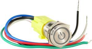 JacobsParts Latching Maintained Pushbutton ON/Off Power Switch Circular Metal Silver with Blue Power Symbol LED fits 5/8" (16mm) Diameter Panel Cutout Hole. Wire Harness Included