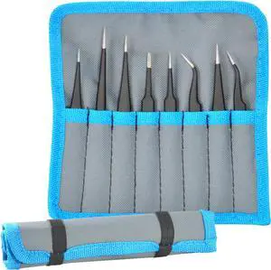 Delcast TZ-8X ESD Safe Anti-Static Stainless Steel Tweezers Set for Electronics, Jewelry, Crafts, 8 Piece