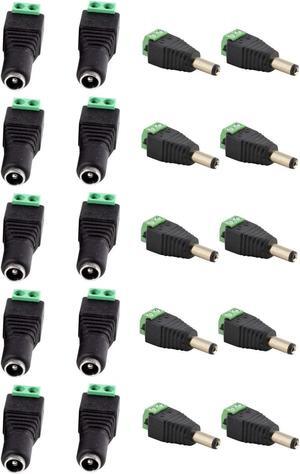 JacobsParts Male and Female DC Power Jack & Plug Screw-on Wire Connector 5.5mm x 2.1mm for 12V/24V LED Strip and Electronics (10 Pairs)