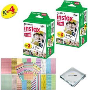 Fujifilm INSTAX Mini Instant Film 4 Pack 40 SHEETS White For Fujifilm Mini 8 Cameras Bundled with custom instax FRAME STICKERS and Quality Photo Microfiber Cloth for mini 8 lens