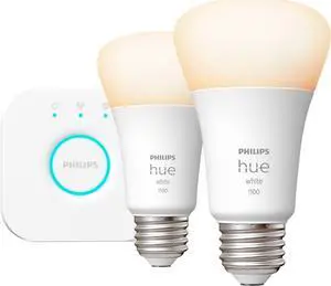Philips 563080 2-Pack Hue A19 E26 75-Watts Smart LED Light Bulb with Bridge - Bluetooth - Starter Kit - Soft Warm White