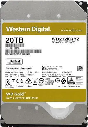 Western Digital Gold WD202KRYZ 20 TB Internal Hard Disk Drive - 7200 RPM - 3.5 Inches - SATA - 6 Gbps