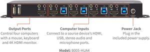 TRIPP LITE B005-HUA4 4-Port HDMI/USB KVM Switch - 4K 60 Hz, HDR, HDCP 2.2, IR, USB Sharing