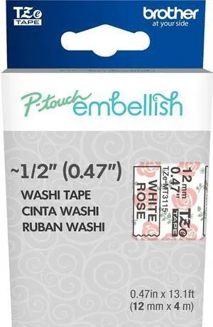 Brother P-touch Embellish Black on White Rose Washi Tape 12mm (~1/2") x 4m - 15/32" - Rectangle - Black on White Rose