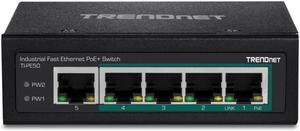 TRENDnet 5-Port Industrial Fast Ethernet DIN-Rail Switch, 4 x Fast Ethernet PoE+ Ports, 1 x Fast Ethernet Port, 90W PoE Power Budget, DIN-Rail, IP30 Rated, Black, TI-PE50