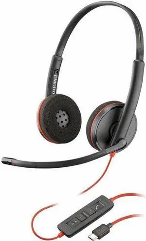 Poly Blackwire C3220 Headset - Stereo - USB Type C - Wired - 32 Ohm - 20 Hz - 20 kHz - Over-the-head, Over-the-ear - Binaural - Supra-aural - 5.20 ft Cable - Noise Cancelling Microphone - Black, Red