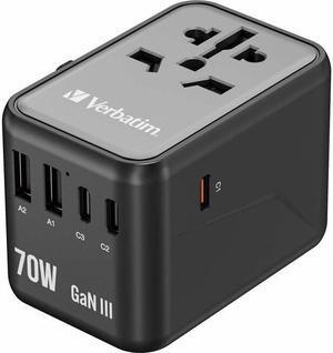 Verbatim UTA-09 Gan III Universal Travel Adapter 70W - USB-C, USB-A - 70 W - 120 V AC, 230 V AC Input