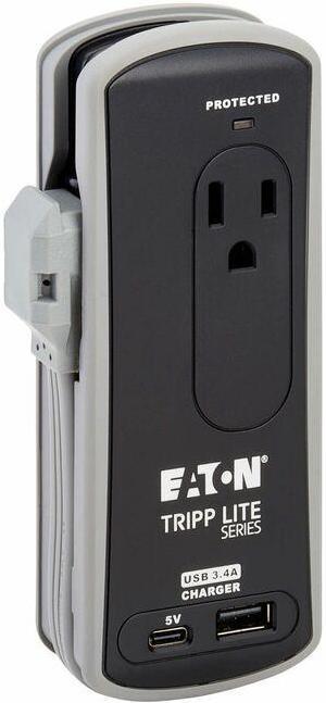 Eaton Tripp Lite Series Protect It! 2-Outlet Travel-Size Surge Protector - 5-15R Outlets, USB-C and USB-A Ports, 5-15P Input, Black - Black, Gray - NEMA 5-15P - 2 x NEMA 5-15R, 1 x USB Type A, 1 x USB