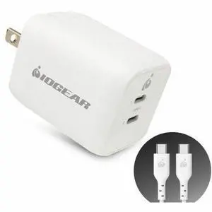 IOGEAR GearPower Dual USB-C 65W GaN Charger - 65 W - 6 ft Cable - 20 V DC Output - 3.25 A - 1