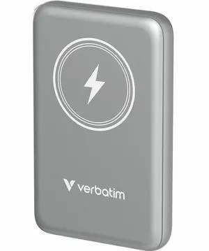 Verbatim Charge 'n' Go Magnetic Wireless Power Bank 10000 mAh - Grey - For Smartphone, Mobile Device, Qi-enabled Device - Lithium Polymer (Li-Polymer) - 10000 mAh - 15 W - 2.40 A, 2.22 A, 1.