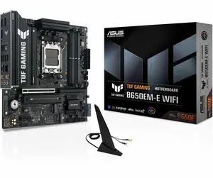 ASUS TUF GAMING B650EM-E WIFI AMD B650 Micro-ATX Motherboard, 8+2+1 80A DrMOS Power Stages, DDR5, PCIe 5.0, Three M.2 Slots, WiFi 6, Realtek 2.5Gb Ethernet, DisplayPort, HDMI, Rear USB 10Gbps Type-C