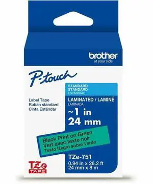 Brother Genuine P-Touch TZe Black Print on Green Label Tape (TZe751), Laminated, ~1in x 26.2ft (24mm x 8m), for Select P-Touch Label Makers, Durable, Water-Resistant, Indoor/Outdoor Use