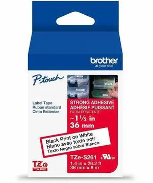 Brother Genuine P-Touch TZE-261 Tape, ~1 1/2" (36 mm) Standard Laminated P-Touch Tape, Black on White, for Indoor or Outdoor Use, Water-Resistant, 26.2 ft (8 m), Single-Pack