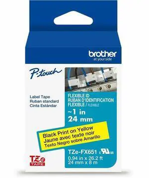Brother Genuine P-Touch TZe Black Print on Yellow Label Tape (TZeFX651), Flexible ID Laminated, ~1in x 26.2ft (24mm x 8m), for Select P-Touch Label Makers, Durable, Cable Wrap, Water-Resistant