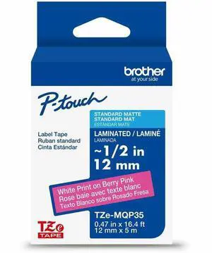 Brother Genuine P-Touch TZe White Print on Berry Pink Label Tape (TZeMQP35), Laminated,1/2in x 16.4ft (12mm x 5m), for Select P-Touch Label Makers, Durable, Water-Resistant, Indoor/Outdoor Use