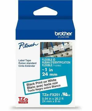 Brother Genuine P-Touch TZe Black Print on Yellow Label Tape (TZeFX651), Flexible ID Laminated, ~1in x 26.2ft (24mm x 8m), for Select P-Touch Label Makers, Durable, Cable Wrap, Water-Resistant