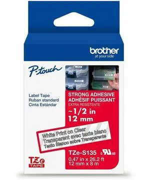Brother Genuine P-Touch TZe, White Print on Clear, Strong Adhesive Laminated Label Tapes (TZeS135), ~1/2in x 26.2ft (12mm x 8m) for Select P-Touch Label Makers, Water-Resistant, Extra-Strength