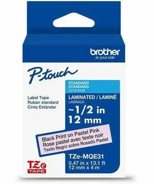 Brother Genuine P-Touch TZeMQE31 Tape, 1/2" (0.47") Wide Standard Laminated Tape, Black on Pastel Pink, Laminated for Indoor or Outdoor Use, Water-Resistant, 0.47" x 26.2' (12mm x Brother Genuine P-Touch TZeMQE31 Tape, 1/2" (0.47") Wide Standard Laminated Tape, Black on Pastel Pink, Laminated for Indoor or Outdoor Use, Water-Resistant, 0.47" x 26.2' (12mm x