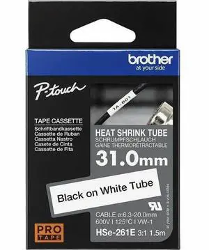 Brother HSe-261E Black on White Heat Shrink Tube Tape, 31 mm (1.22 in.) - 59/64" Width x 59 1/16" Length x 25/32" Diameter - Rectangle - Black on White - 1 Each Brother HSe-261E Black on White Heat Shrink Tube Tape, 31 mm (1.22 in.) - 59/64" Width x 59 1/16" Length x 25/32" Diameter - Rectangle - Black on White - 1 Each