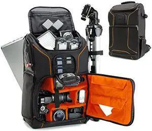 Digital SLR Camera Backpack (Orange) with 15.6" Laptop Compartment by USA Gear features Padded Custom Dividers , Tripod Holder , Rain Cover and Storage for DSLR Cameras by Nikon , Canon , Sony