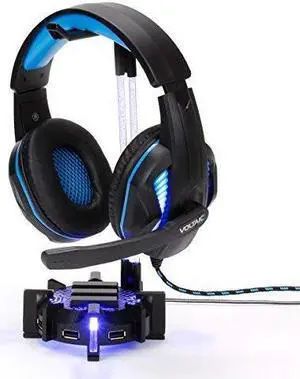 ENHANCE Gaming Headset Stand Headphone Holder with 4 Port USB Hub, Customizable LED Lighting, Flexible Acrylic Neck - Universal Hanger with Weighted Base for Desktop Audio Organization
