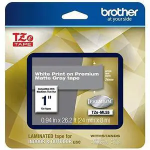 Brother TZeML55 White Print on Premium Matte Light Gray Laminated Tape for P-touch Label Maker, 24 mm (0.94") Wide x 8 m (26.20 ft.) Long
