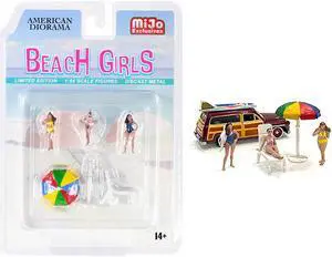 "Beach Girls" 5 piece Diecast Set (3 Figurines 1 Beach Chaise and 1 Beach Umbrella) for 1/64 Scale Models by American Diorama