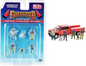 "Firefighter II" 6 piece Diecast Set (4 Figurines 1 Dog and 1 Accessory) for 1/64 Scale Models by American Diorama