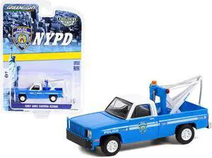 1987 GMC Sierra K2500 Tow Truck with Drop in Tow Hook Blue with White Top "New York City Police Dept" (NYPD) "Hobby Exclusive" 1/64 Diecast Model Car by Greenlight
