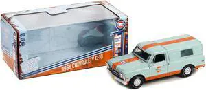 1968 Chevrolet C-10 Pickup Truck Light Blue with Orange Stripes with Camper Shell "Gulf Oil" "Running on Empty" Series 5 1/24 Diecast Model Car by Greenlight