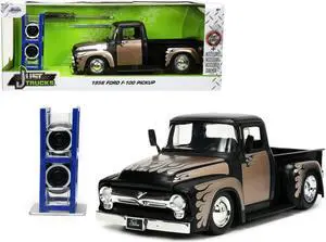 1956 Ford F-100 Pickup Truck Matt Black and Champagne with Flames with Extra Wheels "Just Trucks" Series 1/24 Diecast Model Car by Jada