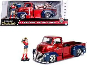 1952 Chevrolet COE Pickup Truck Candy Red and Blue with Wonder Woman Diecast Figure "DC Comics Bombshells" Series "Hollywood Rides" 1/24 Diecast Model Car by Jada