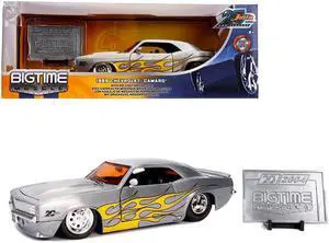 1969 Chevrolet Camaro Raw Metal with Yellow Flames "Bigtime Muscle" "Jada 20th Anniversary" 1/24 Diecast Model Car by Jada