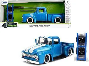 1956 Ford F-100 Pickup Truck Blue Metallic with White Stripes and Extra Wheels "Just Trucks" Series 1/24 Diecast Model Car by Jada