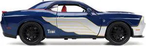 2015 Dodge Challenger SRT Hellcat Dark Blue with Graphics and Red Interior and Thor Diecast Figure "The Mighty Thor" "Marvel" Series 1/24 Diecast Model Car by Jada