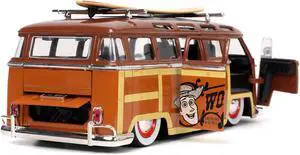 Volkswagen T1 Bus Brown with Graphics "Sheriff Woody" and Woody Diecast Figure and Surfboard "Toy Story" (1995) Movie "Hollywood Rides" Series 1/24 Diecast Model Car by Jada