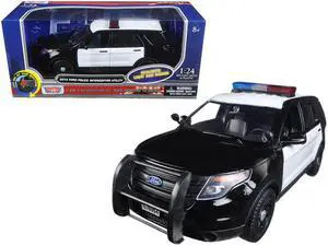 2015 Ford Police Interceptor Utility Black and White with Flashing Light Bar and Front and Rear Lights and 2 Sounds 1/24 Diecast Model Car by Motormax