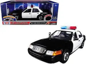 2001 Ford Crown Victoria Police Car Plain Black & White with Flashing Light Bar & Front and Rear Lights and Sound 1/18 Diecast Model Car by Motormax
